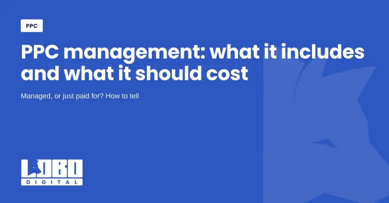 Blue hero banner advertising PPC management with a bold white headline: 'PPC management: what it includes and what it should cost' and a small 'PPC' badge; Labo Digital logo bottom left.