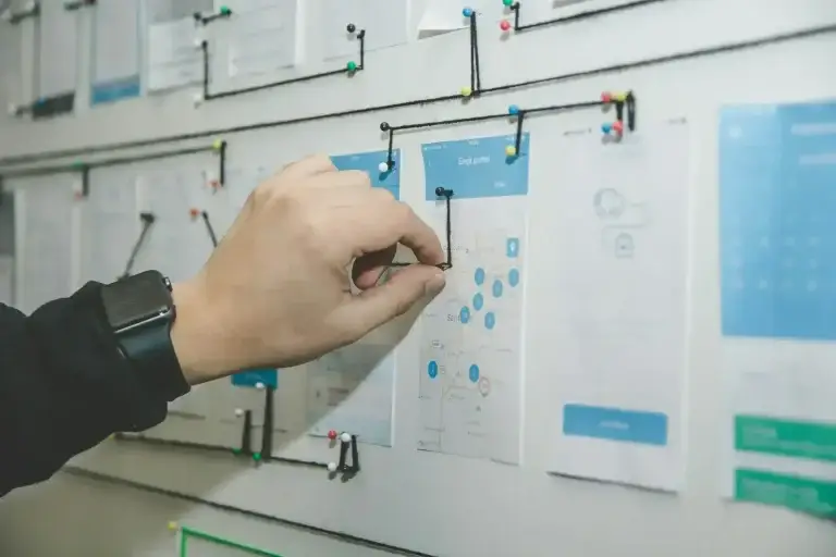 team-member-pinning-paper-flow-diagrams-to-a-board-while-map-2-1-1webp | Lobo Digital | Lobo Digital A hand pins a note onto a wall board filled with maps, post-it notes, and UI sketches for planning or brainstorming